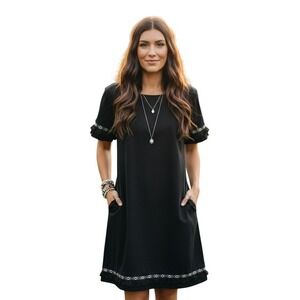 Coercion London Womens Black Shift Dress  Boho Fringe Tassel Trim Gold Zipper 10